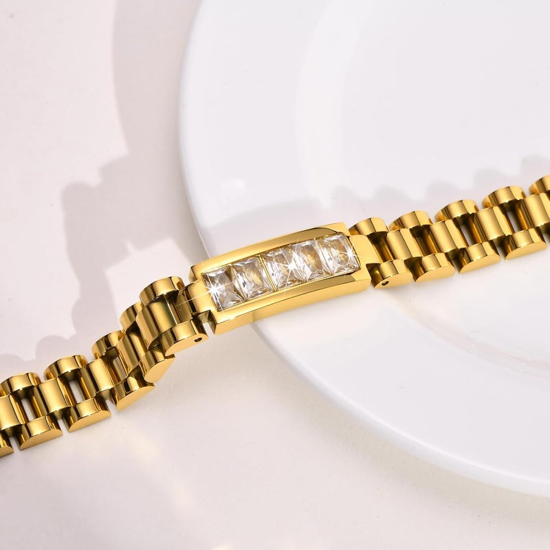 MPRAINBOW 2pcs 18K Gold Plated Chain Link Bracelet, Stainless Steel Crystal Friendship Bracelets Bangle,Watch Band Chains Wristband Jewelry with Adjust Tool - Image 5